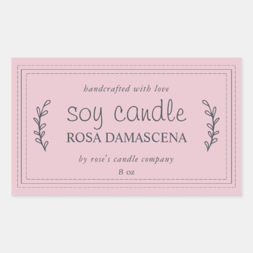 XL Homemade Soy Candle Foliage Pastel Pink Custom Rectangular Sticker