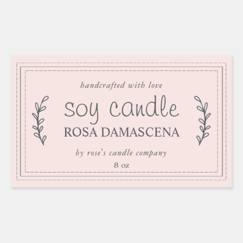 XL Homemade Soy Candle Foliage Pastel Pink Custom Rectangular Sticker