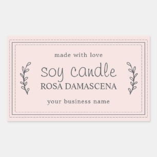 XL Homemade Soy Candle Foliage Pastel Pink Custom Rectangular Sticker