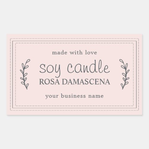 XL Homemade Soy Candle Foliage Pastel Pink Custom Rectangular Sticker