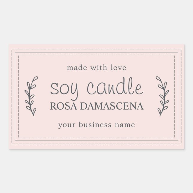 XL Homemade Soy Candle Foliage Pastel Pink Custom Rectangular Sticker (Front)