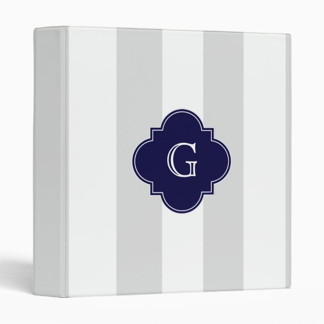 XL Lt Gray White Stripes Navy Quatrefoil Monogram Binder (Front/Spine)