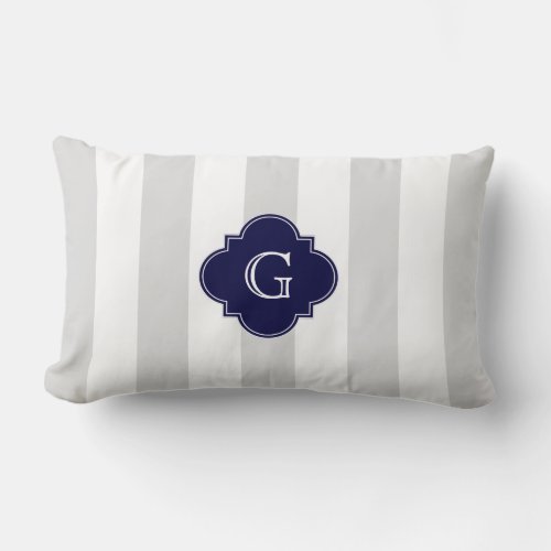 XL Lt Gray White Stripes Navy Quatrefoil Monogram Lumbar Pillow