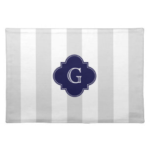 XL Lt Gray White Stripes Navy Quatrefoil Monogram Placemat
