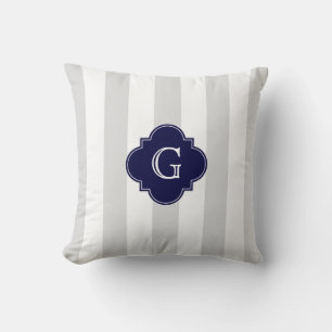 XL Lt Gray White Stripes Navy Quatrefoil Monogram Throw Pillow