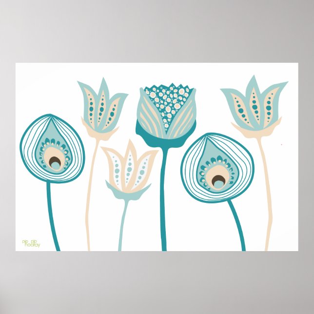 XL Turquoise Aqua Vintage Funky Flower Art Poster (Front)