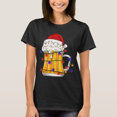 Xmas A Beer Glass Funny Xmas Lights Santa Hat Beer T_Shirt