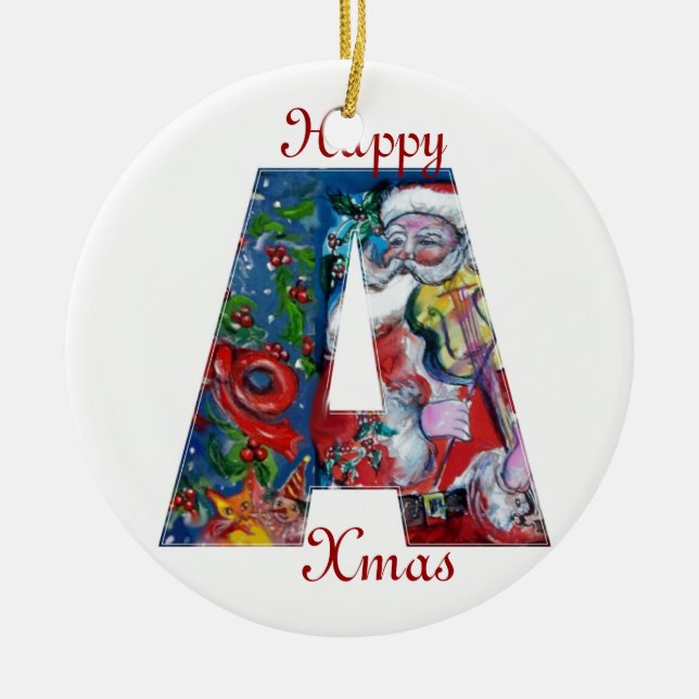 XMAS A LETTER /SANTA  CLAUS WITH VIOLIN MONOGRAM CERAMIC ORNAMENT (Front)