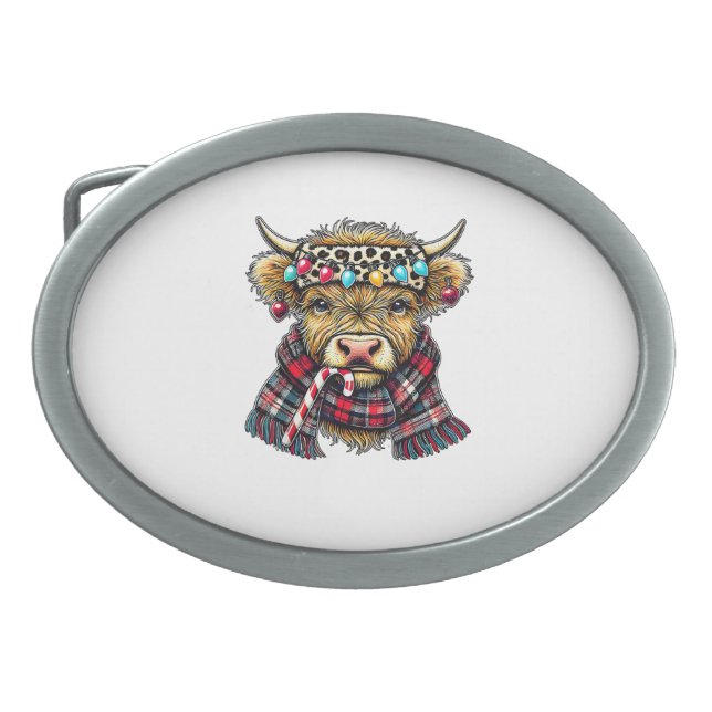 xmas amazing highland cow christmas light _1 belt buckle (Front)