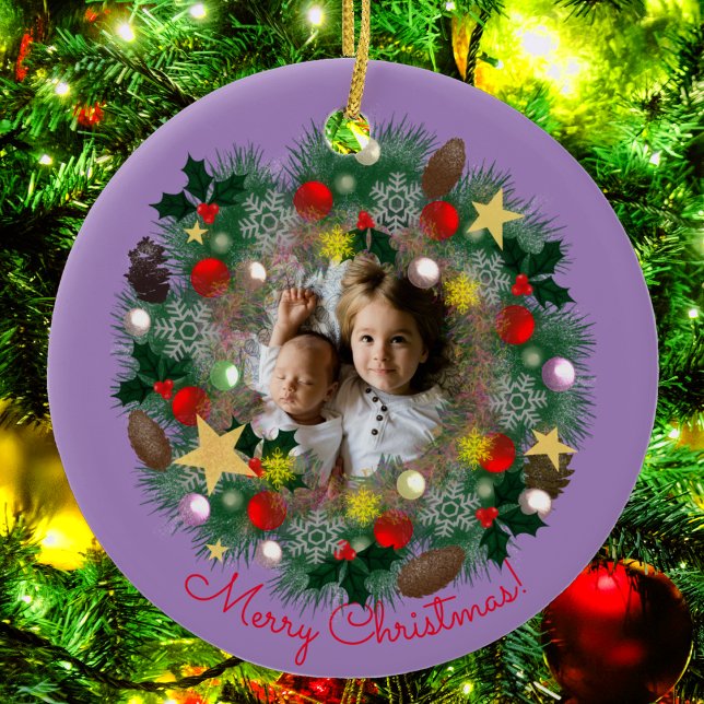 Xmas and New Year greetings, photo in wreath Ceramic Ornament (Creator Uploaded)