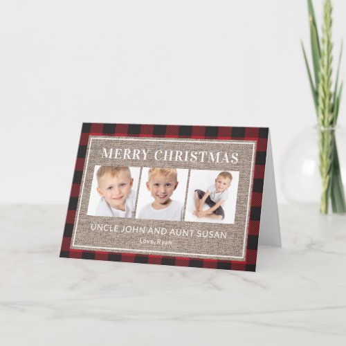 XMas Aunt Uncle Red Black Buffalo Plaid 3 Photo Card