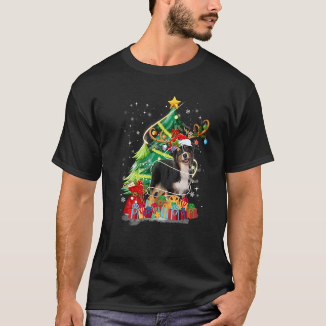 Xmas Australian Shepherd Christmas Lights Santa Re T-Shirt (Front)