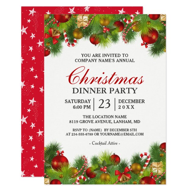 Xmas Baubles Pines Berries Annual Christmas Party Invitation