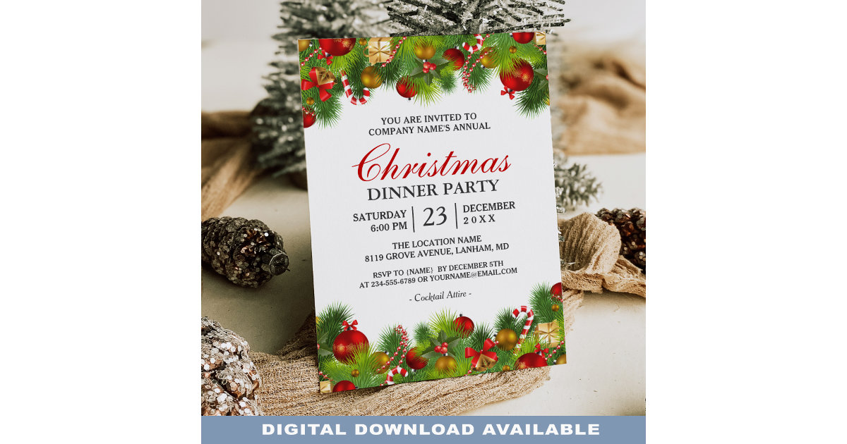 Xmas Baubles Pines Berries Annual Christmas Party Invitation | Zazzle