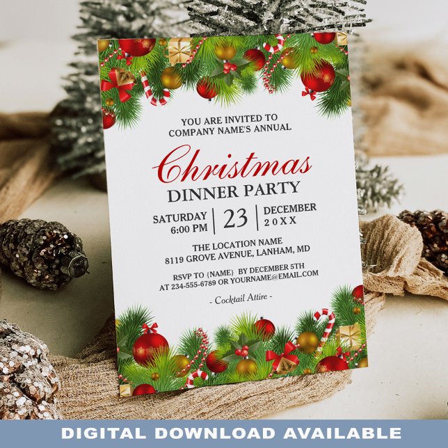 Xmas Baubles Pines Berries Annual Christmas Party Invitation (Share the excitement of the season with your loved ones by sending them this delightful invitation.)
