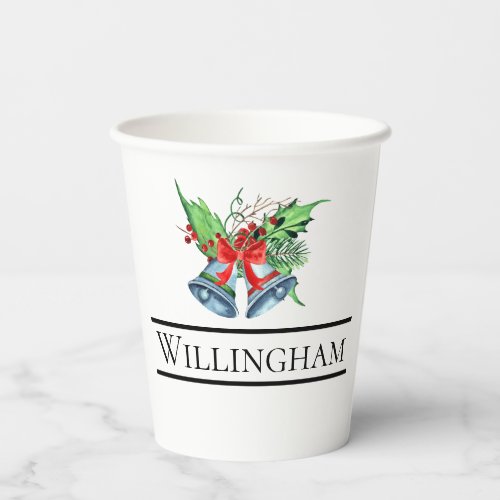 Xmas Bells Red Berries Evergreen Name Initial Paper Cups