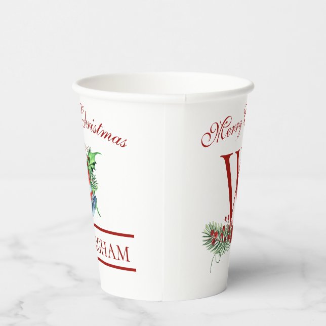 Xmas Bells Red Berries Evergreen Name Paper cup (Right)