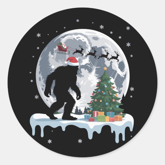 Xmas Bigfoot Santa Tree Sleigh Moon Reindeer Snow Classic Round Sticker (Front)