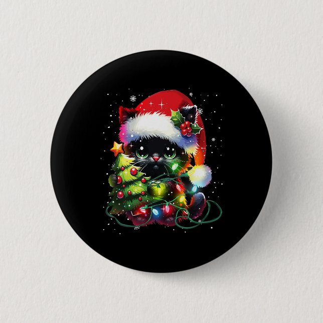 Xmas Black Cat Santa Hat Tangled Up In Christmas T Button (Front)