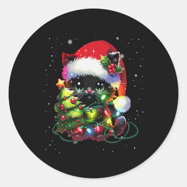 Xmas Black Cat Santa Hat Tangled Up In Christmas T Classic Round Sticker (Front)