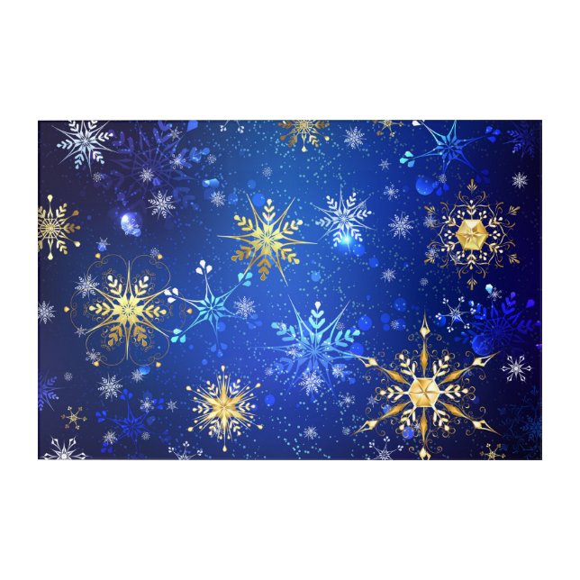XMAS Blue Background with Golden Snowflakes Acrylic Print (Front)