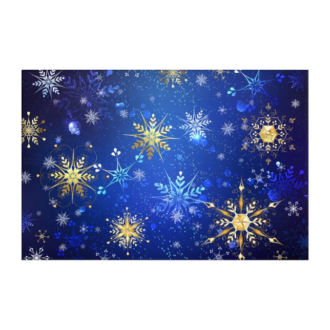 XMAS Blue Background with Golden Snowflakes Acrylic Print (Front)