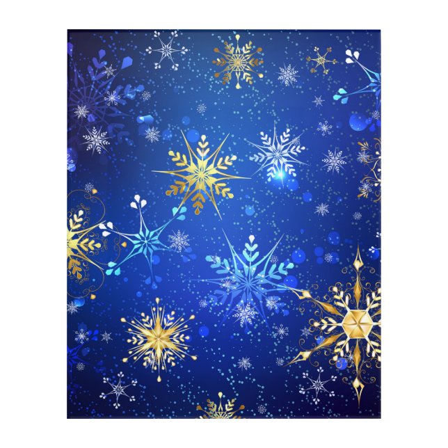 XMAS Blue Background with Golden Snowflakes Acrylic Print (Front)