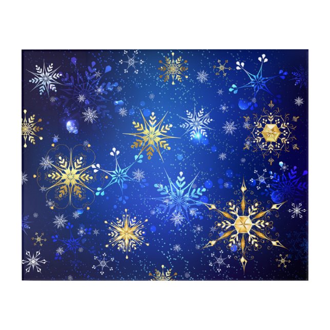 XMAS Blue Background with Golden Snowflakes Acrylic Print (Front)
