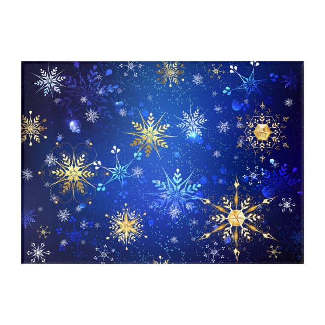 XMAS Blue Background with Golden Snowflakes Acrylic Print (Front)
