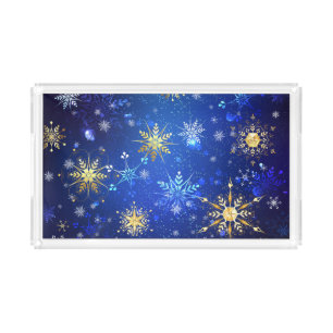 XMAS Blue Background with Golden Snowflakes Acrylic Tray