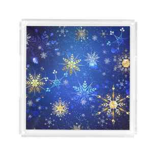 XMAS Blue Background with Golden Snowflakes Acrylic Tray