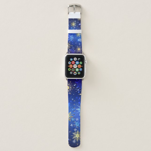 XMAS Blue Background with Golden Snowflakes Apple Watch Band (Front)