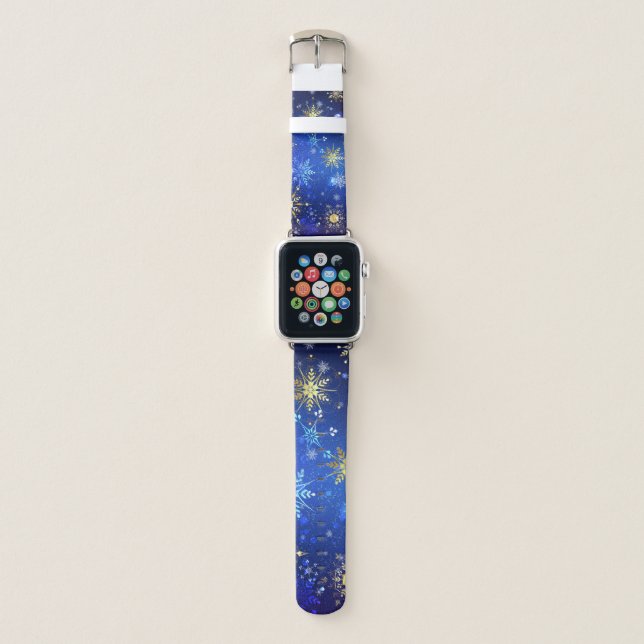 XMAS Blue Background with Golden Snowflakes Apple Watch Band (Front)