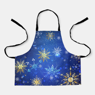 XMAS Blue Background with Golden Snowflakes Apron