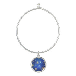 XMAS Blue Background with Golden Snowflakes Bangle Bracelet