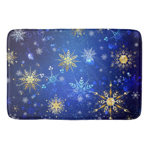 XMAS Blue Background with Golden Snowflakes Bath Mat