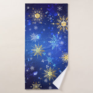 XMAS Blue Background with Golden Snowflakes Bath Towel