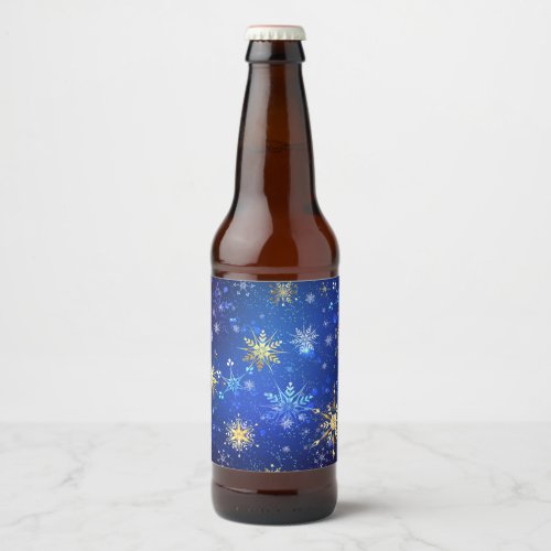 XMAS Blue Background with Golden Snowflakes Beer Bottle Label
