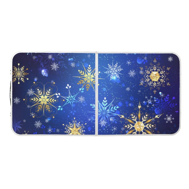 XMAS Blue Background with Golden Snowflakes Beer Pong Table (Top)