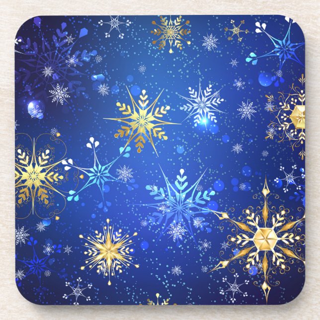 XMAS Blue Background with Golden Snowflakes Beverage Coaster (Front)