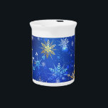 XMAS Blue Background with Golden Snowflakes Beverage Pitcher<br><div class="desc">Blue Christmas background with gold and white jewelry snowflakes. Golden snowflakes. XMAS.</div>