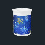 XMAS Blue Background with Golden Snowflakes Beverage Pitcher<br><div class="desc">Blue Christmas background with gold and white jewelry snowflakes. Golden snowflakes. XMAS.</div>