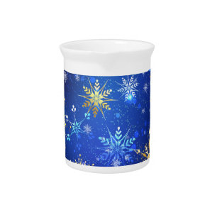 XMAS Blue Background with Golden Snowflakes Beverage Pitcher