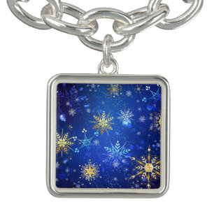 XMAS Blue Background with Golden Snowflakes Bracelet