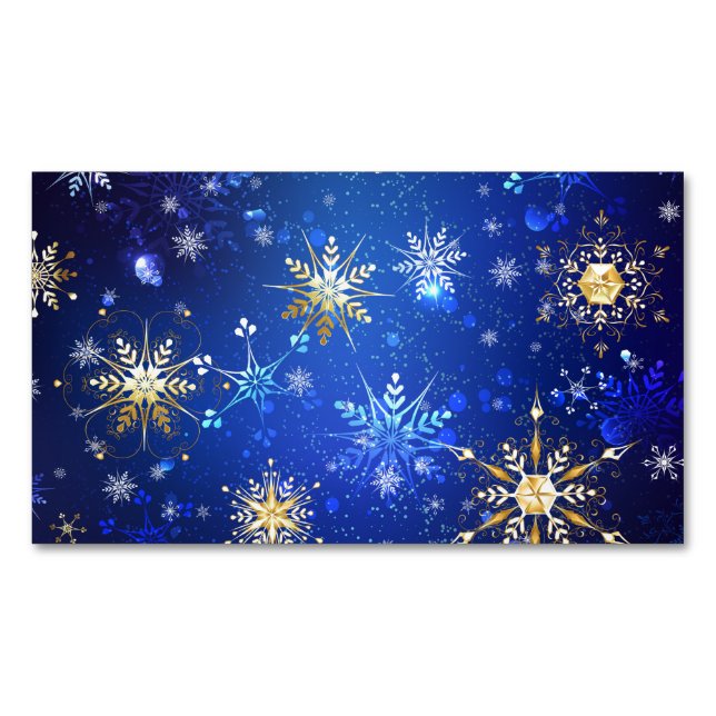 XMAS Blue Background with Golden Snowflakes Business Card Magnet (Front)