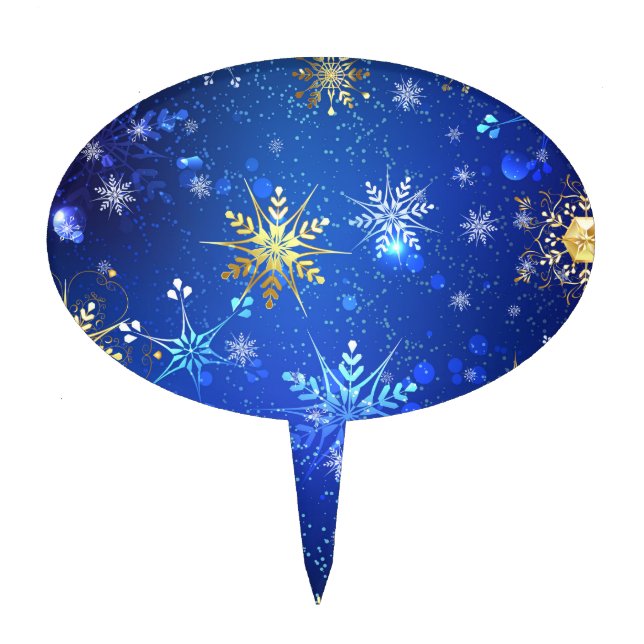 XMAS Blue Background with Golden Snowflakes Cake Topper (Front)