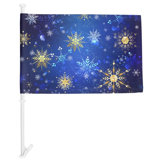 XMAS Blue Background with Golden Snowflakes Car Flag (Front)