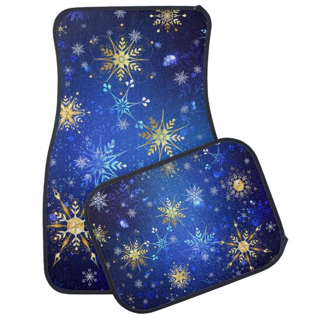 XMAS Blue Background with Golden Snowflakes Car Floor Mat (Set)