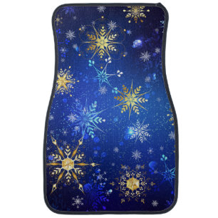 XMAS Blue Background with Golden Snowflakes Car Floor Mat