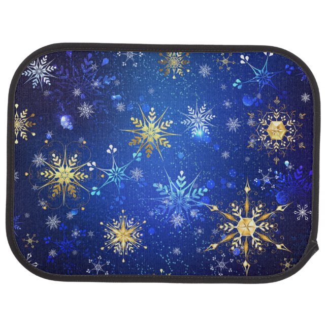 XMAS Blue Background with Golden Snowflakes Car Floor Mat (Rear)